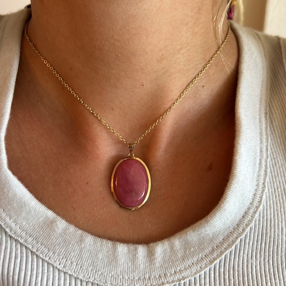RHODONITE CABOCHON NECKLACE WITH CHAIN - Picture 1 of 7